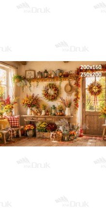 Tło fotograficzne „Przytulny jesienny domek pełen kwiatów” | J_283
